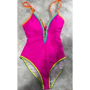 Popvil Neon Pink One Piece Swimsuit‎ Deep V Neck Control Back Tie Medium